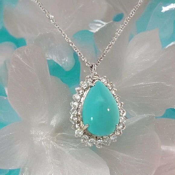 Persian Turquoise Diamond Pendant With Chain 17" 14k WG 9.9 TCW Certified 307918 - Picture 13 of 17